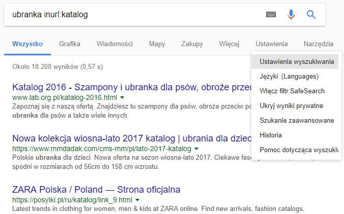 ustawienia wyszukiwania