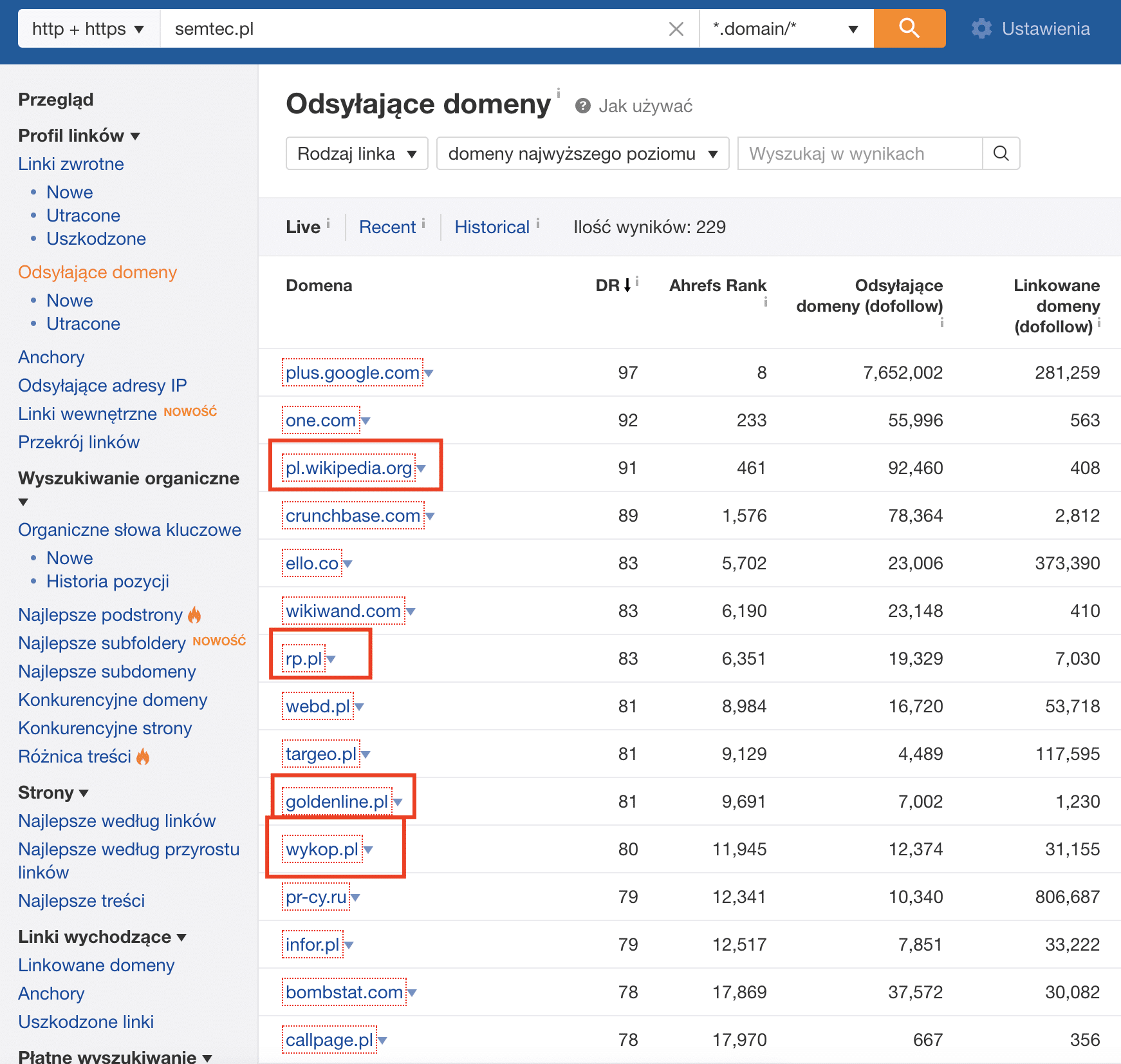ahrefs i wyciąg z odsyłającymi domenami