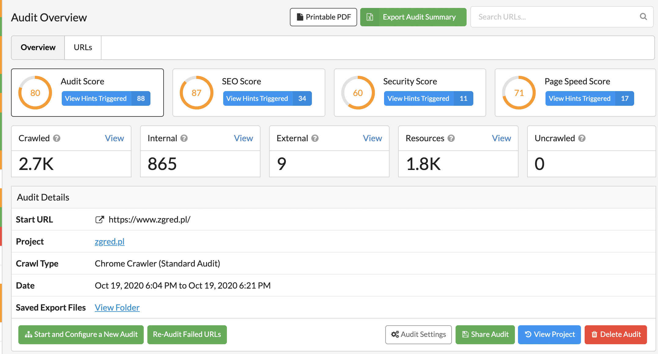 Sitebulb - przykład wyniku przeprowadzonego audytu SEO