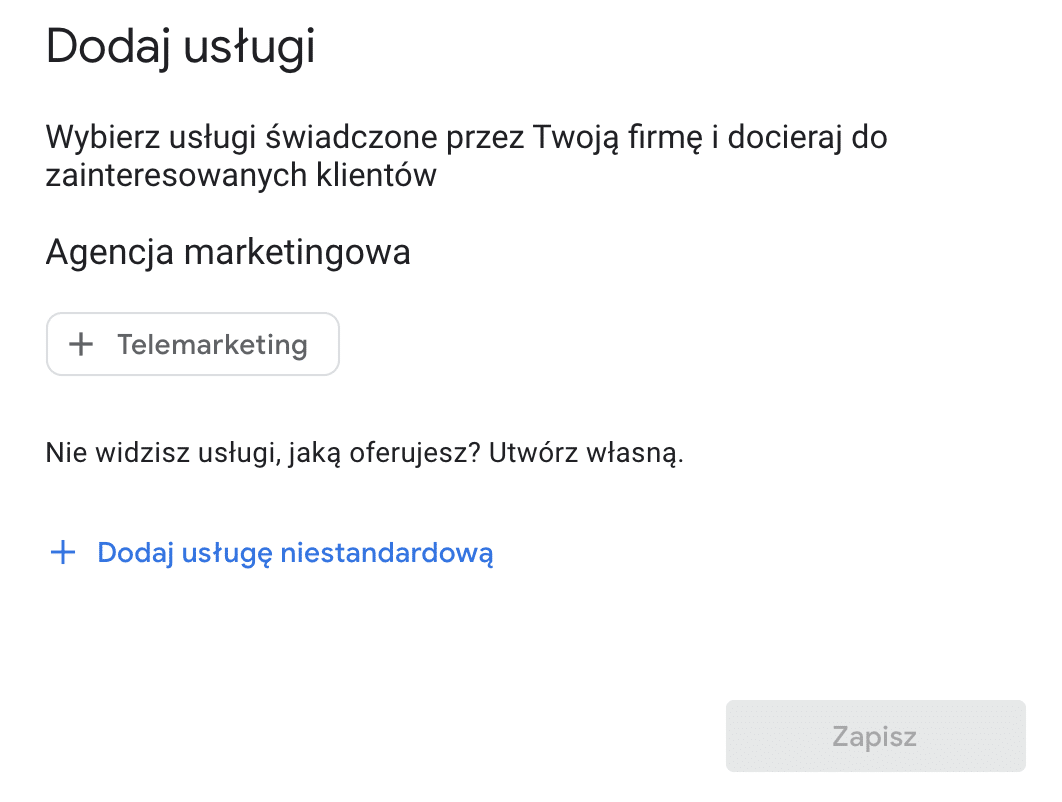 Google Moja Firma - dodanie usług