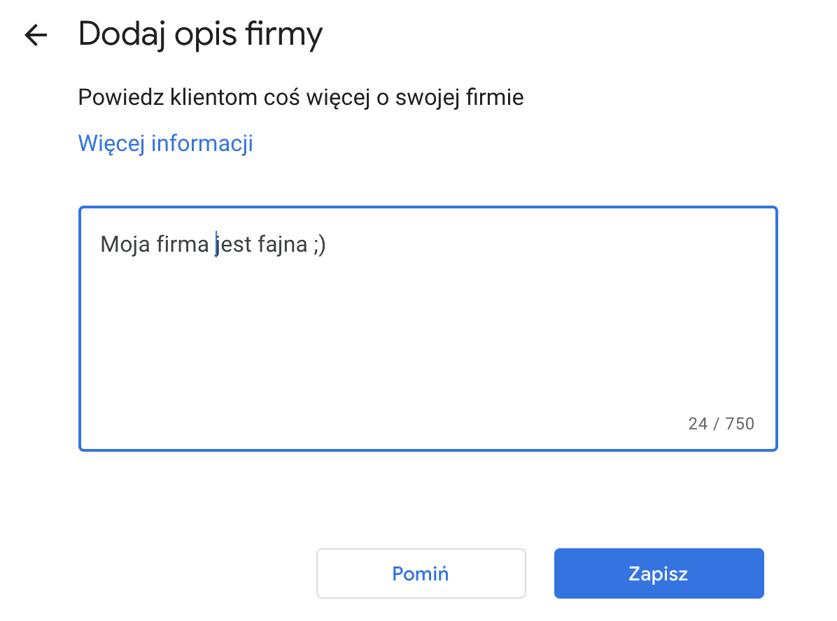 Google Moja Firma - dodanie opisu firmy