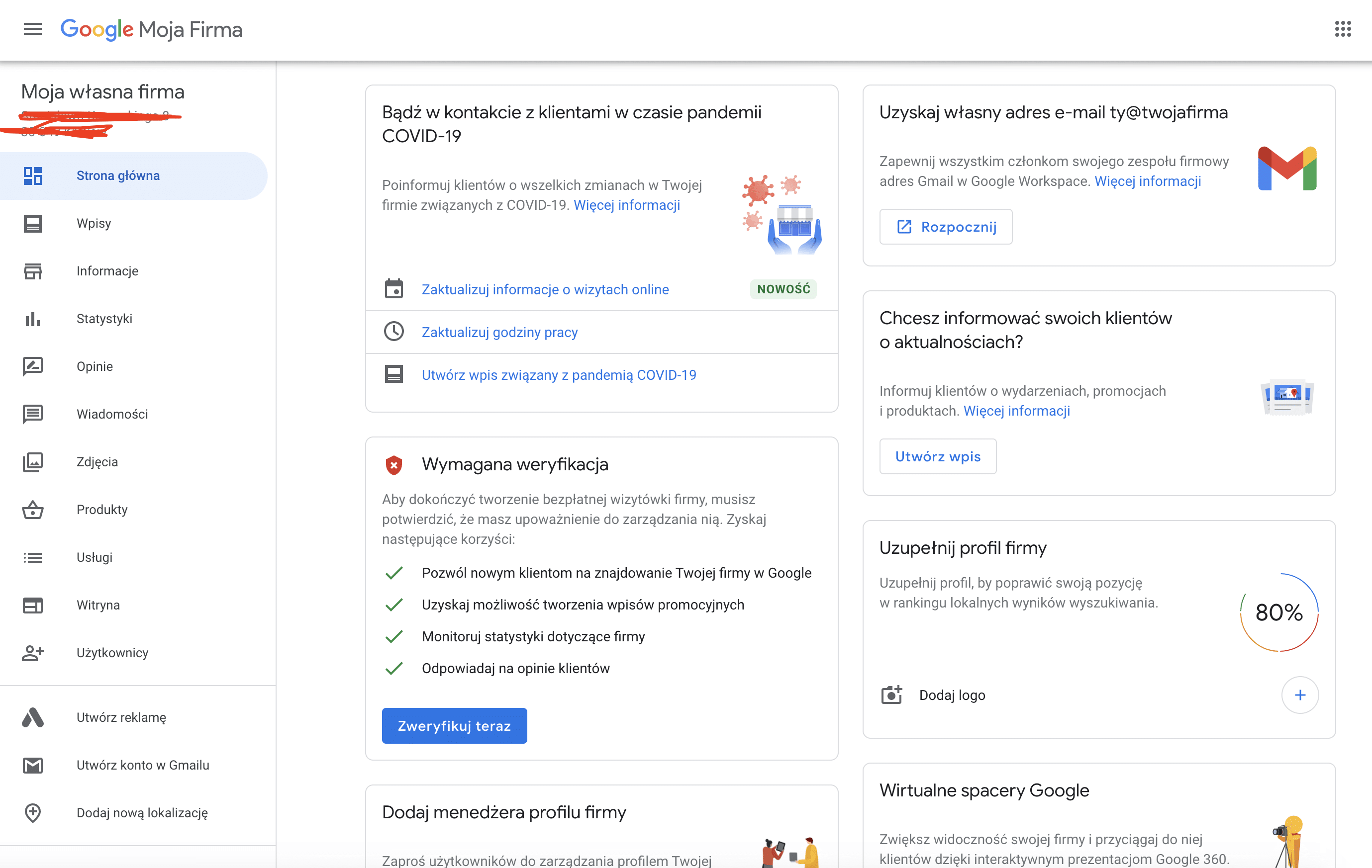 Google Moja Firma -widok panelu