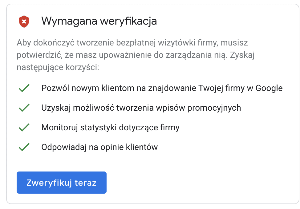 Google Moja Firma - weryfikacja wizytówki