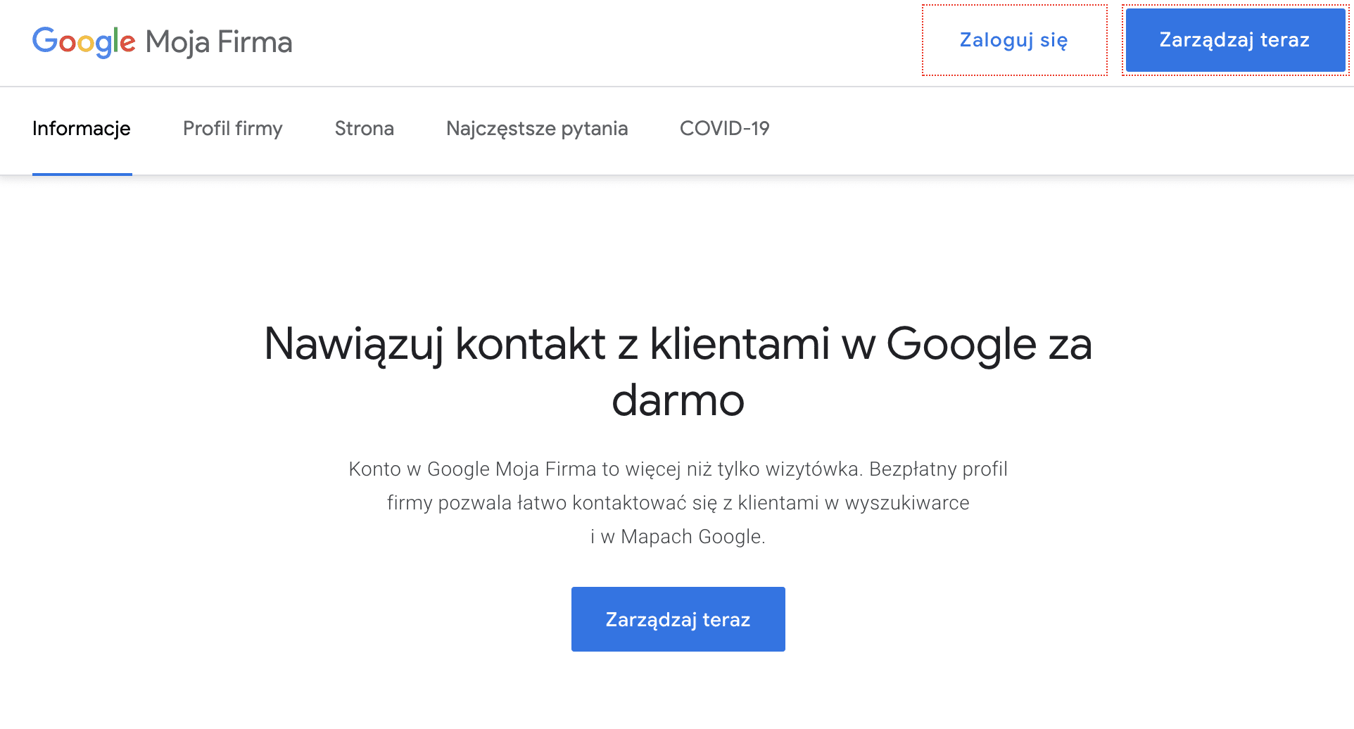 jak założyć wizytówkę w Google Moja Firma - panel rejestracji i logowania