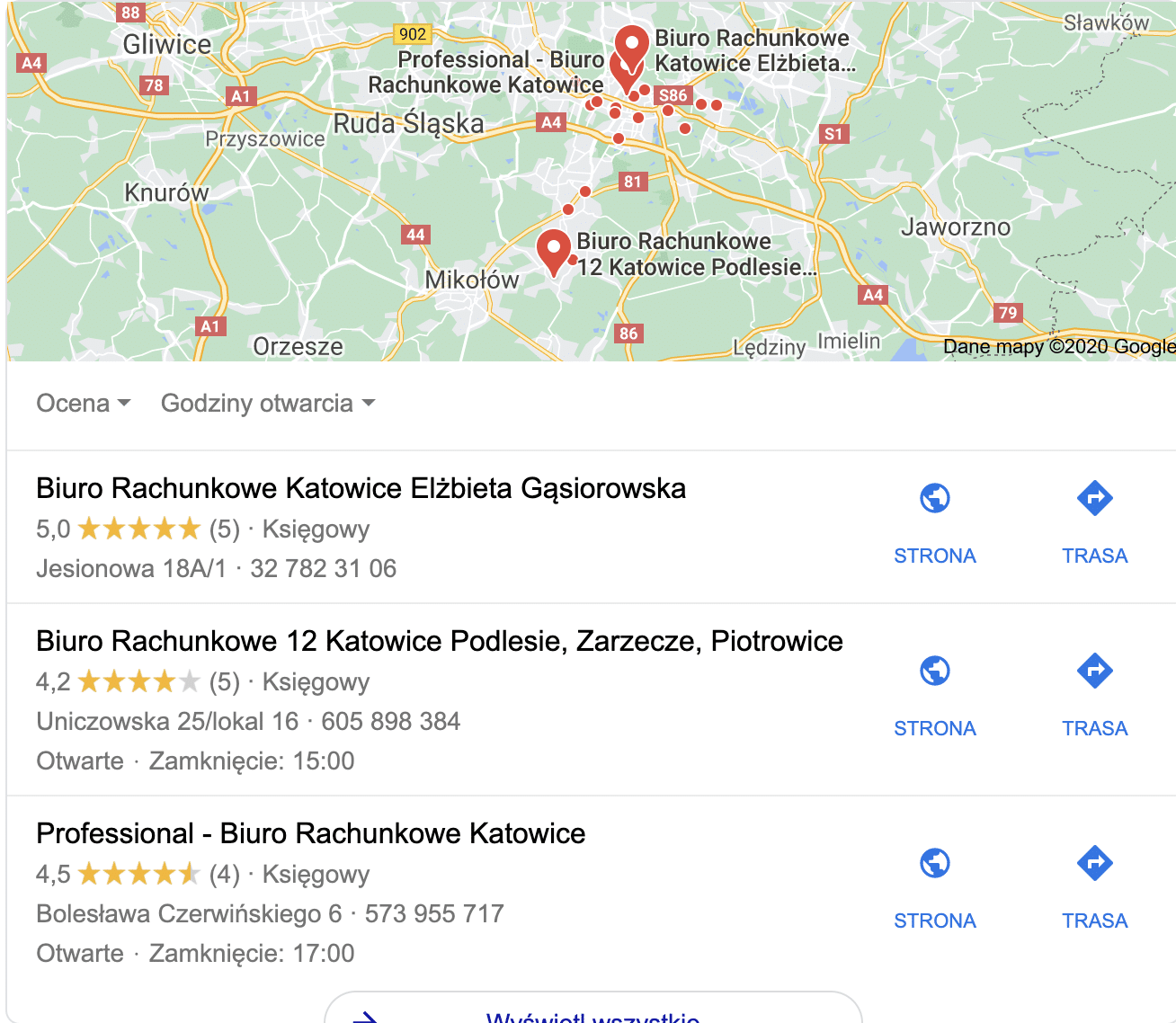 Efekt pozycjonowania lokalnego w Katowicach - widok mapy Google