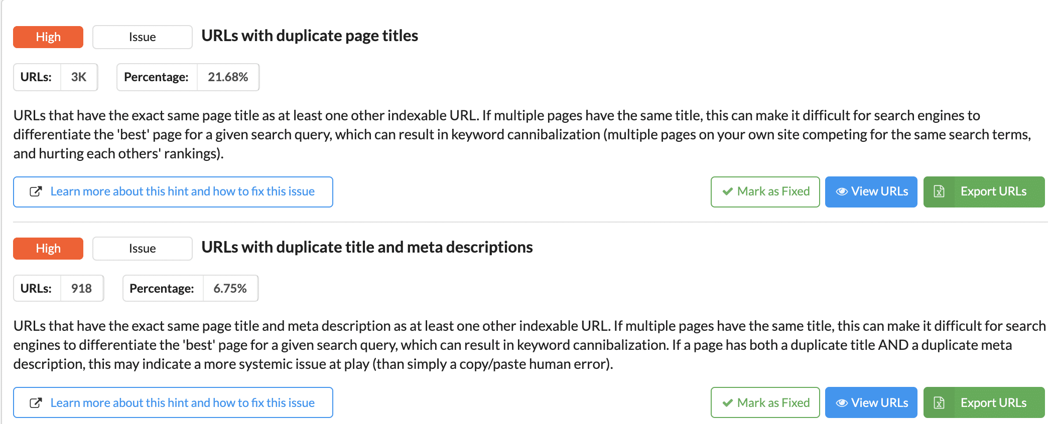 duplikacja meta - thin content - sitebulb