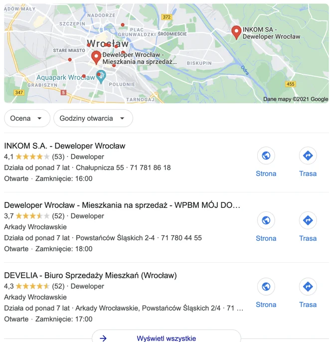 wyniki lokalnego seo dla dewelopera we Wrocławiu