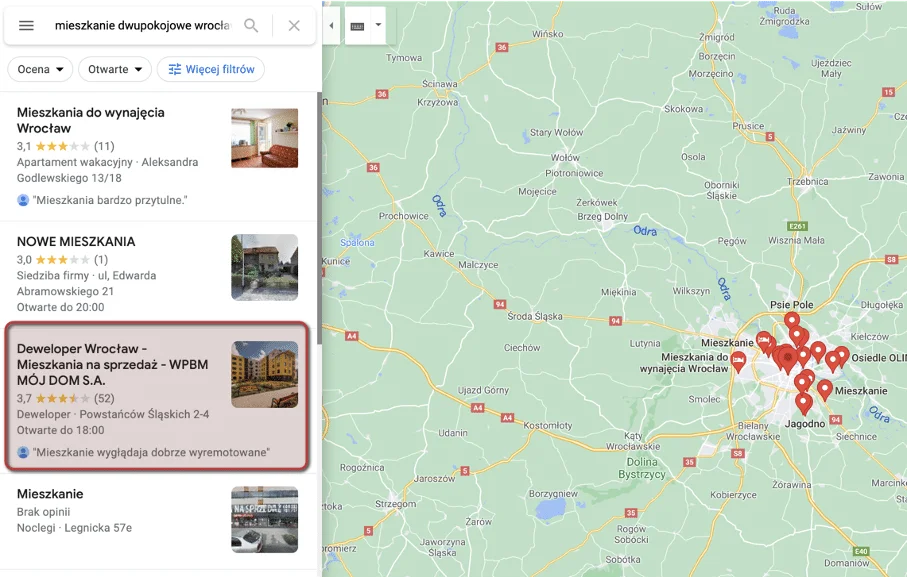 wyniki mapy google w zapytaniu o mieszkania dwupokojowe we Wrocławiu