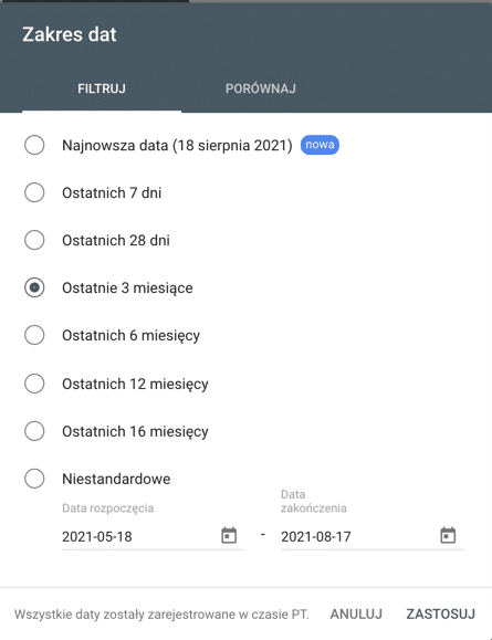 panel GSC zakładka z wyborem badanego okresu w którym mamy wyświetlone ilość wejść na stronę